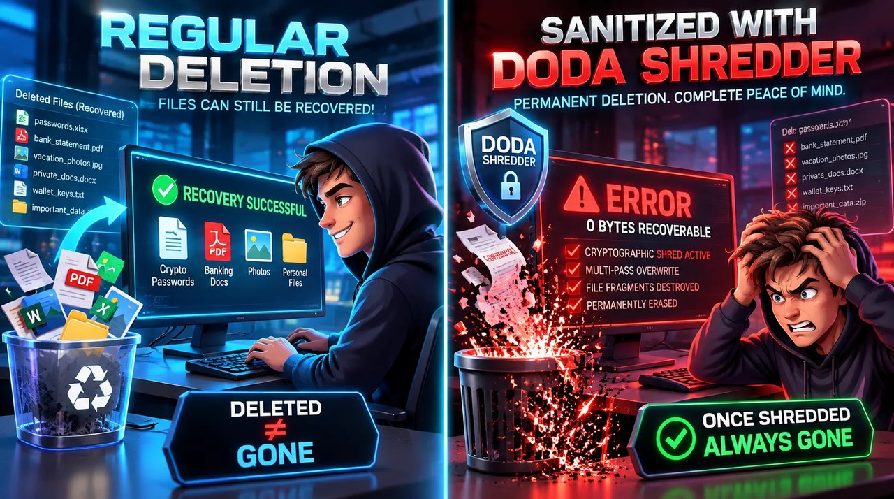 Comparison: Regular Deletion vs Sanitized with Doda Shredder